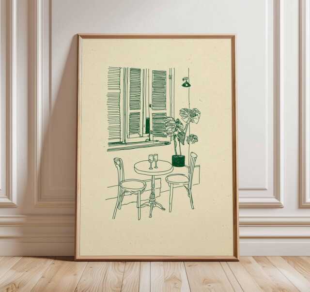 Minimalist Cafe Wall Art Print, Paris Bistro Line Drawing Poster, Modern Kitchen Decor, Coffee Shop Illustration Artwork - image 1
