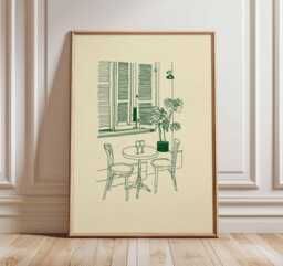 Minimalist Cafe Wall Art Print, Paris Bistro Line Drawing Poster, Modern Kitchen Decor, Coffee Shop Illustration Artwork - thumbnail 1