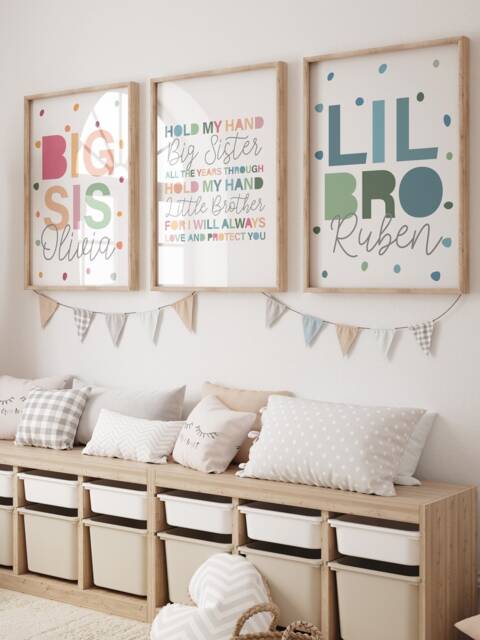 Playroom Prints, Brother & Sister Siblings Decor, Rainbow Wall Art, Colourful, Set Of 3 - image 1