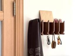 Walnut Wood Entryway Organizer Modern Mail & Key Holder With Coat Hooks - thumbnail 1