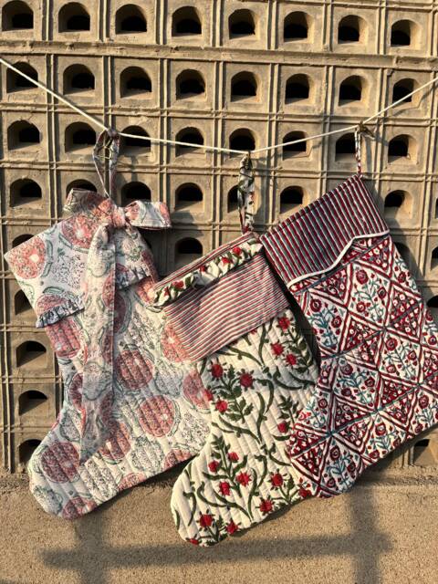 Block Printed Christmas Stockings Set Of 3 Quilted Cotton Holiday Decor - image 1