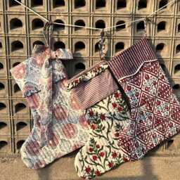 Block Printed Christmas Stockings Set Of 3 Quilted Cotton Holiday Decor - thumbnail 2