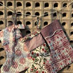 Block Printed Christmas Stockings Set Of 3 Quilted Cotton Holiday Decor - thumbnail 4