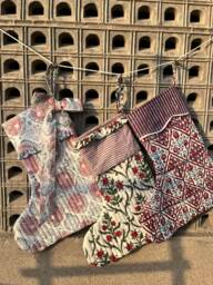 Block Printed Christmas Stockings Set Of 3 Quilted Cotton Holiday Decor