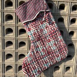 Block Printed Christmas Stockings Set Of 3 Quilted Cotton Holiday Decor - thumbnail 3