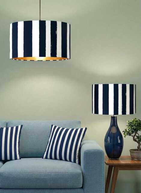 Handmade By Order Vertical Hand Brush Strokes Deep Blue & White Strip Velvet Drum Lamp Shade Pendant Light All Shapes Sizes - image 1