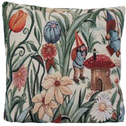Gnomes Woven Cotton Cushion Cover Floral Garden Pillow - thumbnail 2