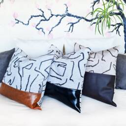 Color Block Pillow Cover Vegan Leather & Abstract Velvet - thumbnail 4