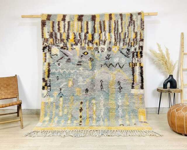 Moroccan Gray & Yellow Berber Rug, Handwoven Shag Abstract Lines & Geometric Motifs, Authentic Beni Ourain Carpet, Large Area Rug - image 1