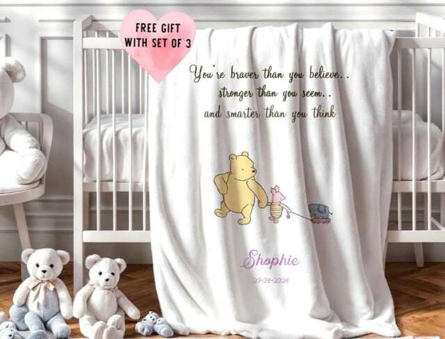 Personalised Pooh Bear Baby Blanket & Cushion Set Soft Nursery Pillow , Nappy Diaper Organiser - image 1
