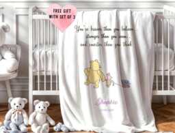Personalised Pooh Bear Baby Blanket & Cushion Set Soft Nursery Pillow , Nappy Diaper Organiser - thumbnail 1