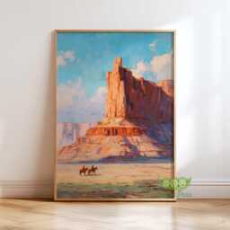 Vintage Western Landscape Print, Arizona Desert Canyon Poster, Cowboy Horse Riders, Southwest Wall Art, Rustic Americana Farmhouse Ranch Art - thumbnail 1