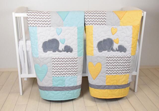 Twin Baby Quilts , Elephant Crib Bedding, Teal Yellow & Gray Blanket, Chevron Blankets, Toddler Patchwork Bespreads - image 1