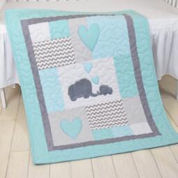 Twin Baby Quilts , Elephant Crib Bedding, Teal Yellow & Gray Blanket, Chevron Blankets, Toddler Patchwork Bespreads - thumbnail 2