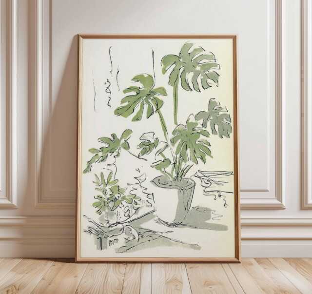 Monstera Wall Art, Botanical Line Drawing Poster, Green Plant Print, Minimalist Jungle Decor, Modern Indoor Houseplant Artwork - image 1
