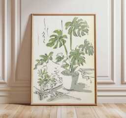 Monstera Wall Art, Botanical Line Drawing Poster, Green Plant Print, Minimalist Jungle Decor, Modern Indoor Houseplant Artwork - thumbnail 1