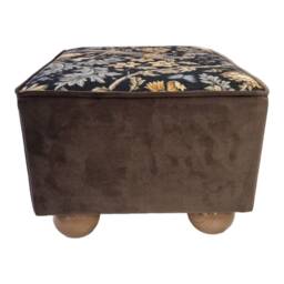 William Morris Fabric Footstool Taupe Velvet Base, Natural Wood Feet