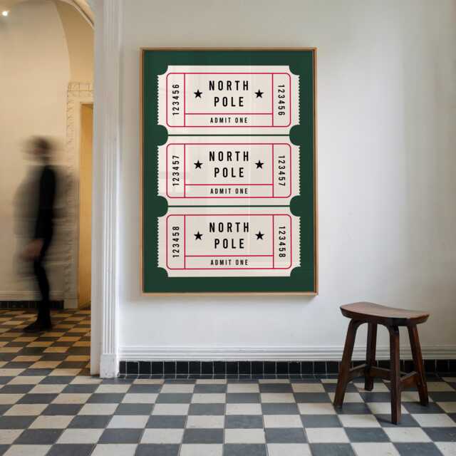 Vintage Christmas North Pole Ticket Print Forest Green, Festive Easy Seasonal Swap-In Art, Admit One, Unframed, A1/A2/A3/A4/A5 - image 1