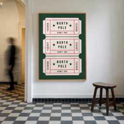 Vintage Christmas North Pole Ticket Print Forest Green, Festive Easy Seasonal Swap-In Art, Admit One, Unframed, A1/A2/A3/A4/A5 - thumbnail 1