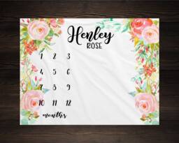 Girl Milestone Blanket Month Growth Tracker Minky Fleece Custom Personalized Baby Shower Gift Watercolor Floral Newborn - thumbnail 1
