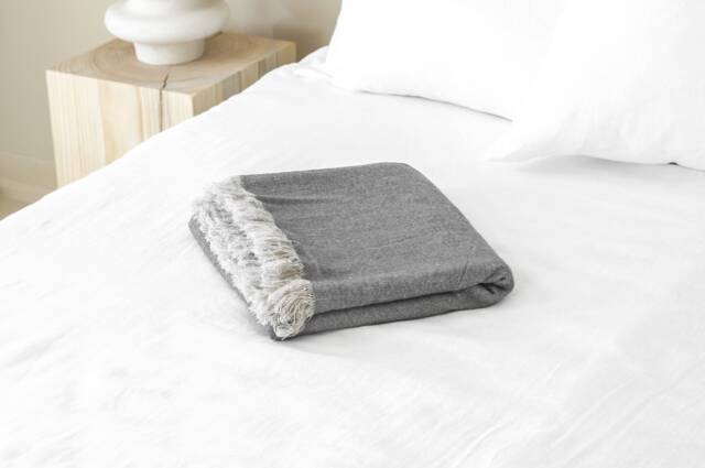 Rustic Linen Bed Throw in Gray With Raw Fringes/Grain Sack Blanket/Heavyweight Blanket/Linen Scarf - image 1