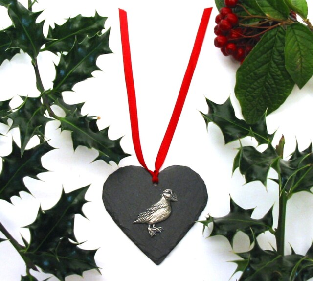 Puffin Design Natural Slate Heart - Christmas Ornament Unique Gift Lover Mum Dad Decoration 2026 - image 1