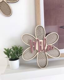Wooden Rattan Effect Flower Name Plaque/Sign - Baby Nursery Girls Bedroom Decor Wall Hanging