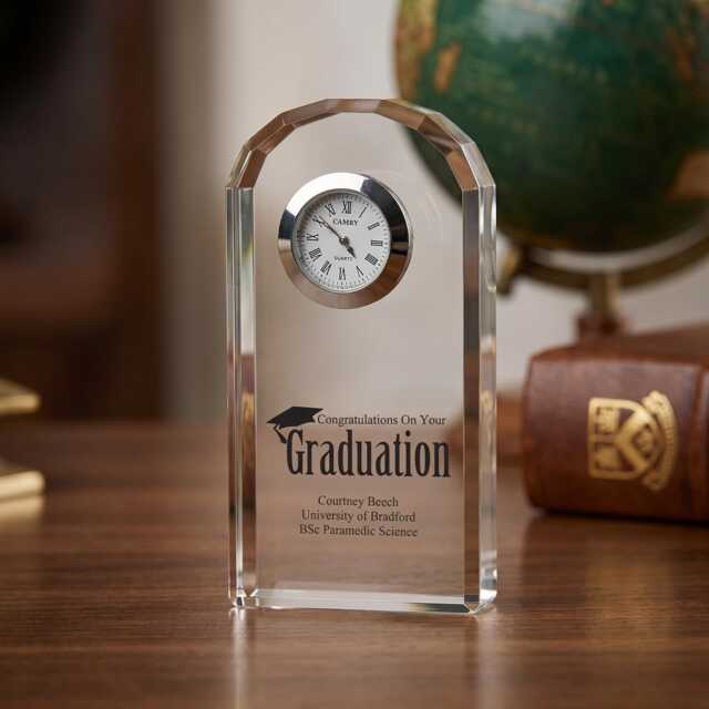 Crystal Glass Graduation Gift Clock - Personalised Memory Keepsake Battery Operated, Silk-Lined Presentation Box - image 1