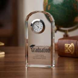 Crystal Glass Graduation Gift Clock - Personalised Memory Keepsake Battery Operated, Silk-Lined Presentation Box