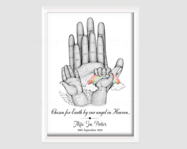 Personalised Family Print Birth Hands Rainbow Baby Loss Angel Unframed - image 1