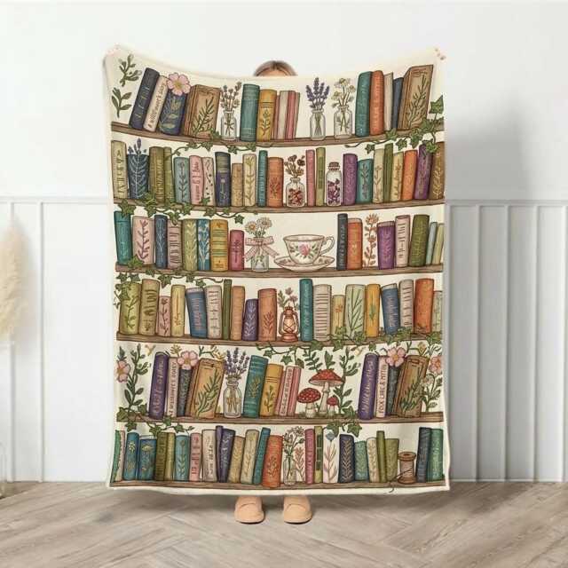 Book & Flower Blanket, Vintage Bookshelf Library Throw Cottagecore Wildlower Fantasy Bookish Blankets, Booktok Gift - image 1