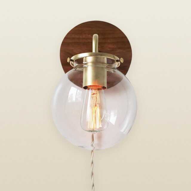 Wall Sconce Lamp, Bubble Globe Light, Brass & Wood Industrial Modern Lighting Fixture, Clear Glass Shade, Wire-In Or Plug-In - image 1