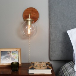 Wall Sconce Lamp, Bubble Globe Light, Brass & Wood Industrial Modern Lighting Fixture, Clear Glass Shade, Wire-In Or Plug-In - thumbnail 3