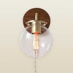 Wall Sconce Lamp, Bubble Globe Light, Brass & Wood Industrial Modern Lighting Fixture, Clear Glass Shade, Wire-In Or Plug-In - thumbnail 1