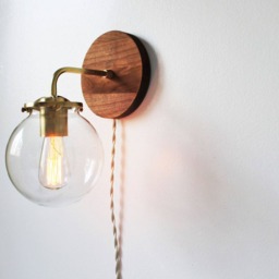 Wall Sconce Lamp, Bubble Globe Light, Brass & Wood Industrial Modern Lighting Fixture, Clear Glass Shade, Wire-In Or Plug-In - thumbnail 2