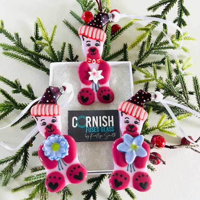 Pink Teddy Bear Fused Glass Christmas Tree Decoration, Fused Glass Ornament, Cornwall, Cornish - image 1