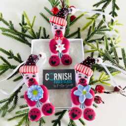 Pink Teddy Bear Fused Glass Christmas Tree Decoration, Fused Glass Ornament, Cornwall, Cornish - thumbnail 1