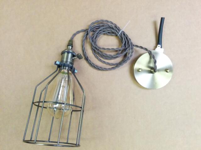 Simple Vintage Style Brass Lampholder Socket with 8 Ft Brown 2-Wire Twisted Cord & Ceiling Pendant, Edison Light Bulb, Bronze Metal Cage - image 1