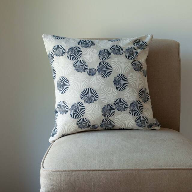 Linen Effect Seashells Cushion. Nautical Design in Marine Blue & White. 17x17 - image 1