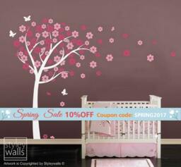 Cherry Blossom Tree-Tree Wall Decal Sticker -Nursery Vinyl Decal- Flowers Tree With Butterflies - Decor - thumbnail 1