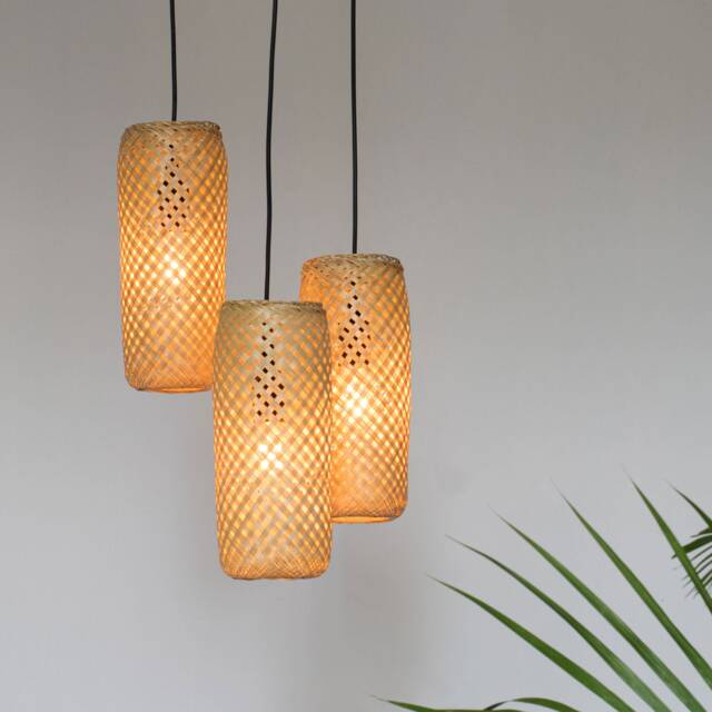Thin Tall Bamboo Pendant Light Cluster, Wooden Chandelier Lampshades, Rustic White Black Ceiling Canopy - image 1
