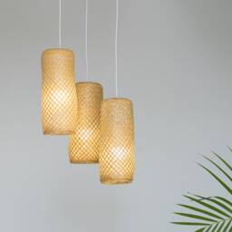 Thin Tall Bamboo Pendant Light Cluster, Wooden Chandelier Lampshades, Rustic White Black Ceiling Canopy - thumbnail 3