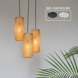 Thin Tall Bamboo Pendant Light Cluster, Wooden Chandelier Lampshades, Rustic White Black Ceiling Canopy - thumbnail 2