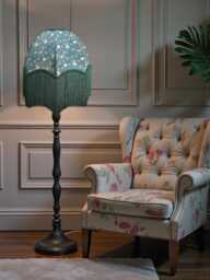 William Morris Persian Curtains Fabric Dome Lampshade Dark Green Braid & Fringe, Bespoke British Handmade - thumbnail 1
