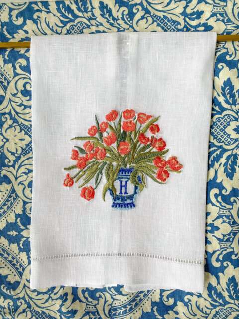 Embroidered Linen Guest Towel, Monogrammed Tulip Napkin - image 1