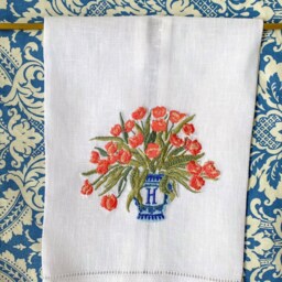 Embroidered Linen Guest Towel, Monogrammed Tulip Napkin - thumbnail 2