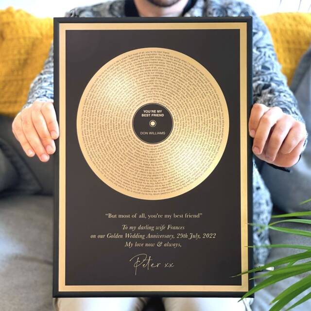 Personalised Gold Metallic Record Print Gift - Wedding Song Lyrics Day Birthday Golden Anniversary - image 1