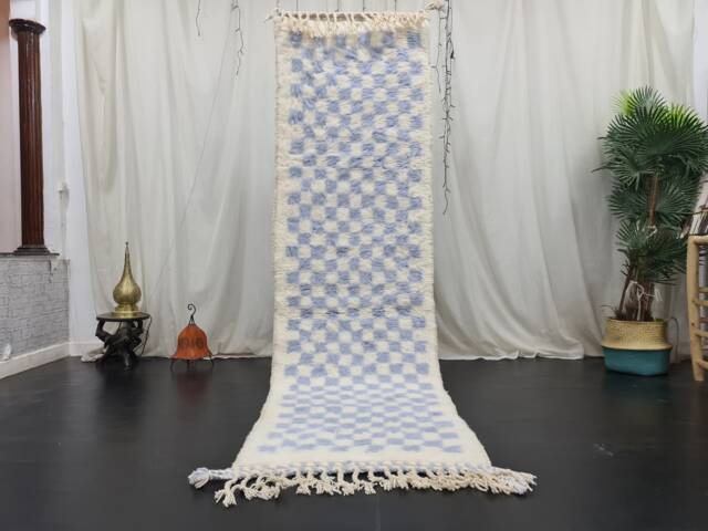 Custom Runner Rug, Tribal Area Rug, Woven Checkered Authentic Wool Runner, White & Lavender Runner Hallway Berber Rug - image 1