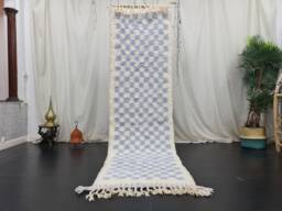 Custom Runner Rug, Tribal Area Rug, Woven Checkered Authentic Wool Runner, White & Lavender Runner Hallway Berber Rug - thumbnail 1