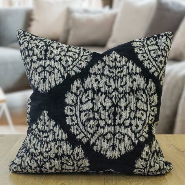 Lynnwood Paisley Cushion Cover in Black. Silver Geometric Floral Pattern. 17x17 - image 1